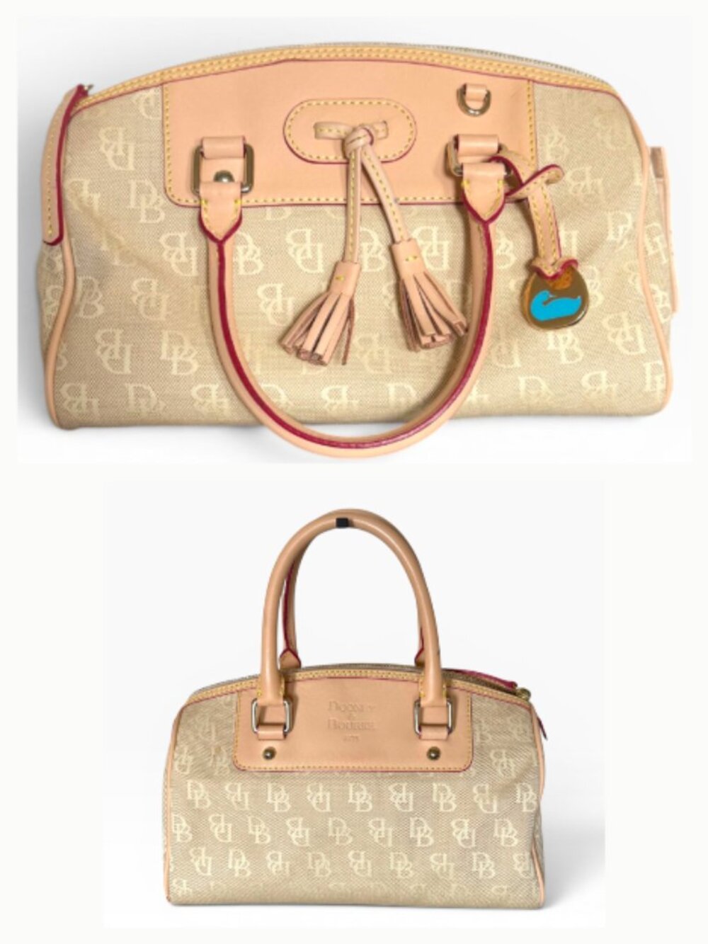 Dooney & Bourke Beige DB Monogram Canvas Bowler Satchel Leather Tassel Charm Bag - Picture 5 of 12